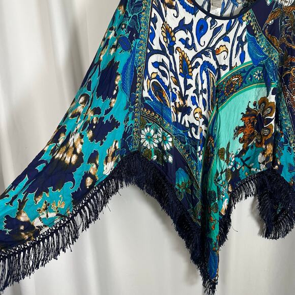 Chico's‎ Fringe Poncho OS Blue Floral Colorblock Bohemian Resortwear Artsy - Picture 5 of 7